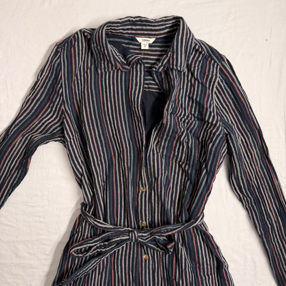 SONOMA Goods for Life Striped Button Down Shirt Dress Belted Midi Womens M - Picture 2 of 8
